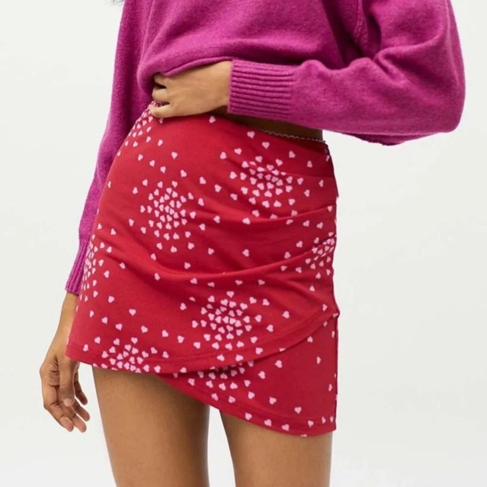 Urban Outfitters Red Heart Print Mini Skirt Ruched Wrap Style Bodycon M